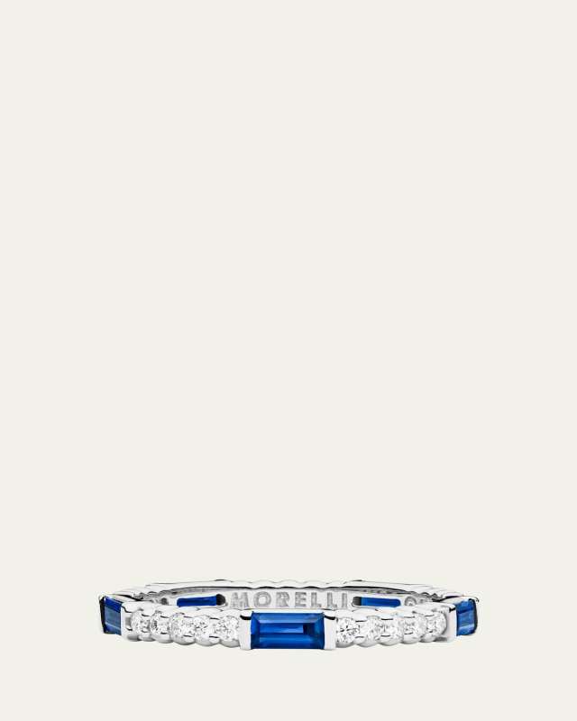 Blue Sapphire & Diamond Pinpoint Baguette Ring in 18K White Gold